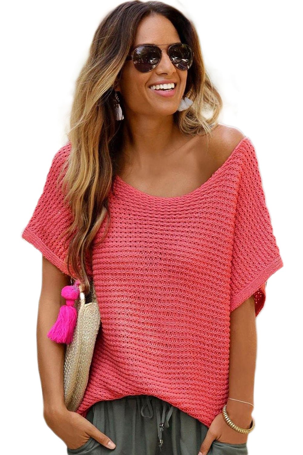 Pink Solid Loose Knit Short Dolman Sleeve Sweater