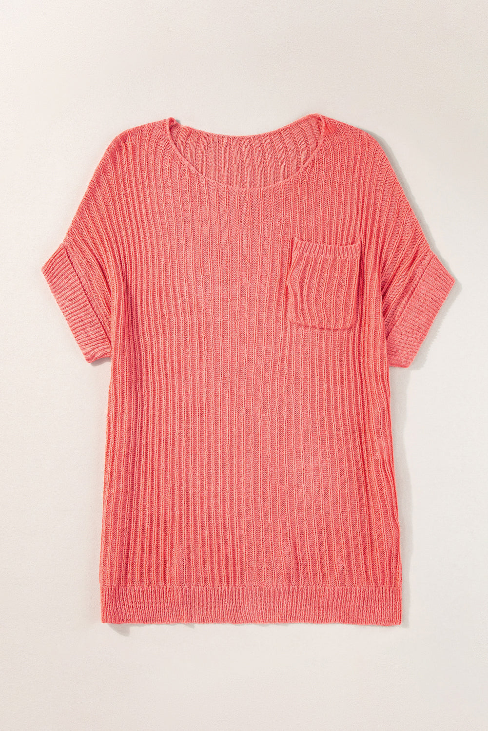 White Rolled Cuffs Loose Knit Tee with Slits