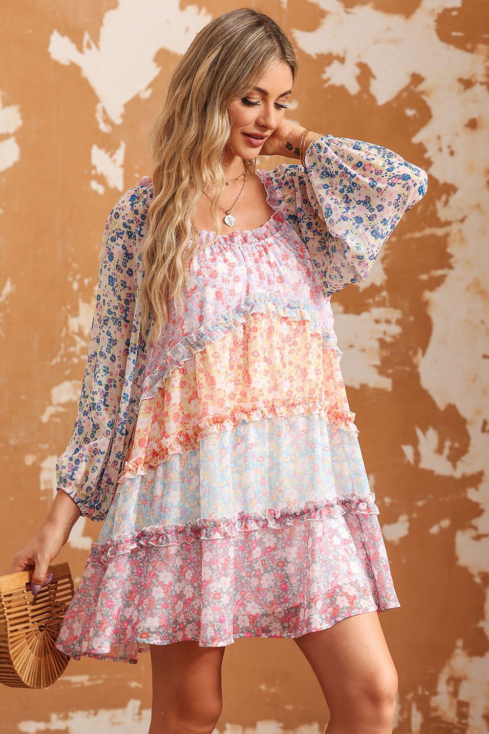 Sky Blue Floral Colorblock Tiered Puff Sleeve Dress