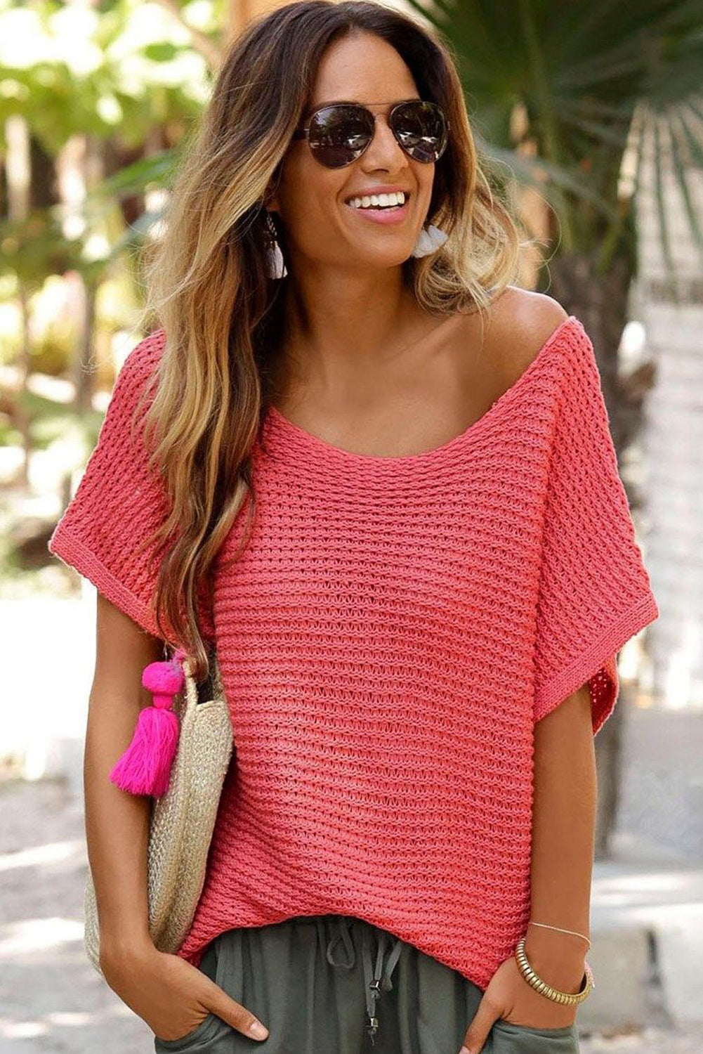 Pink Solid Loose Knit Short Dolman Sleeve Sweater