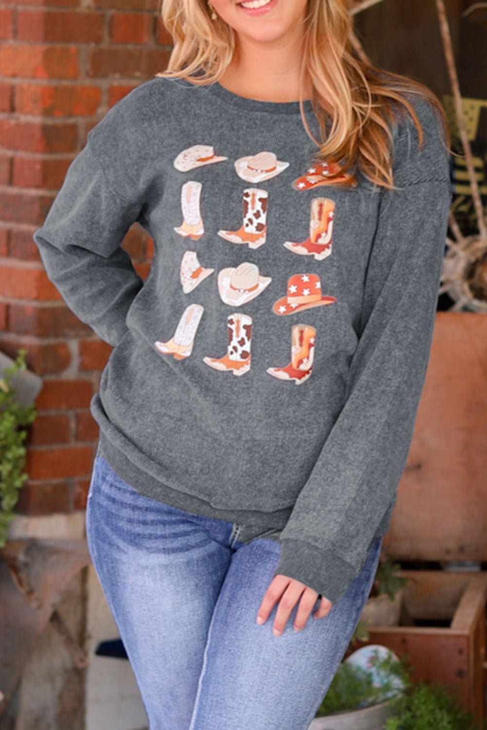 Gray Boots & Cowboyhat Graphic Corded Sweatshirt