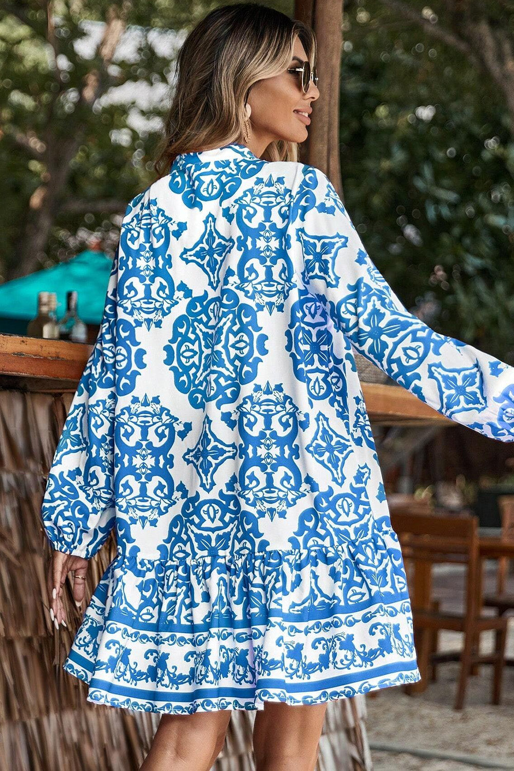 Sky Blue Tribal Print Button Up Notch Neck Loose Mini Dress