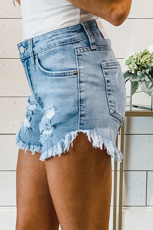 Dark Blue Frayed Hem Denim Shorts