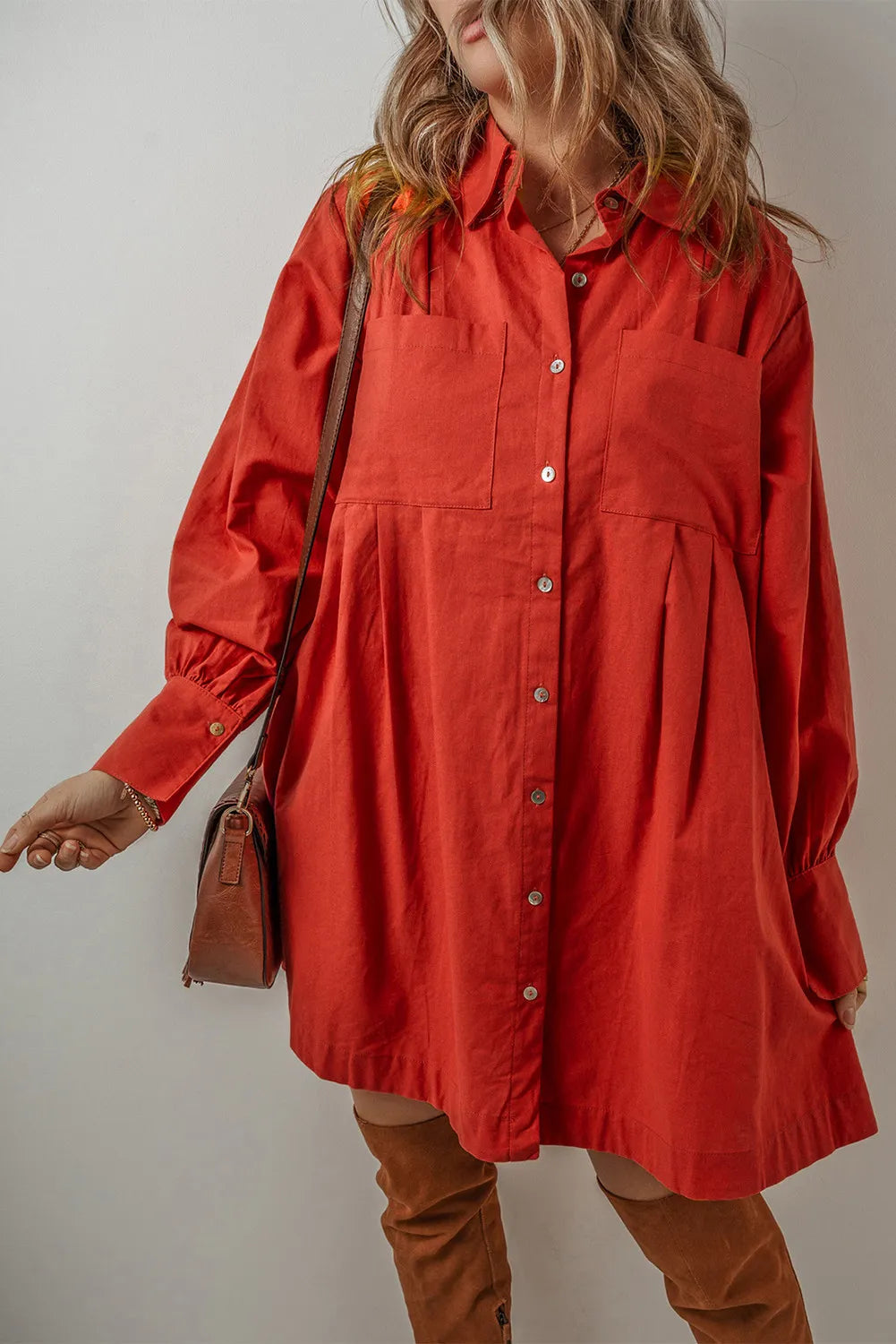 Pocketed Button Down Long Sleeve Shirt Dress