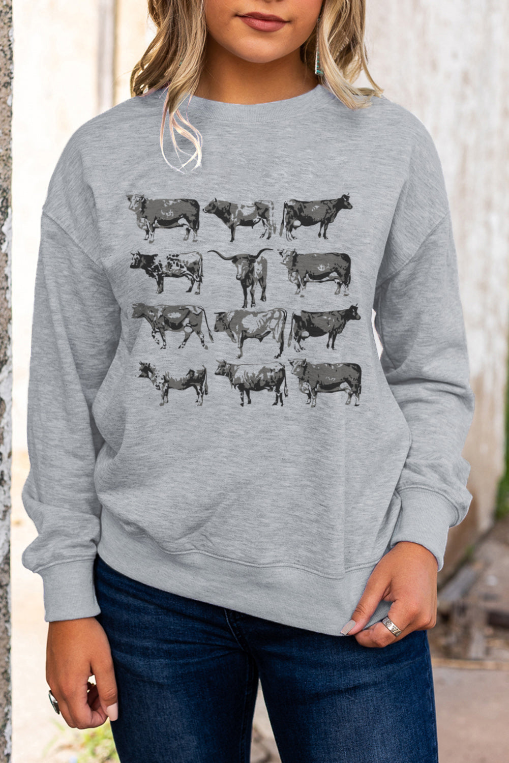 Gray Western Bull Graphic Print Long Sleeve Sweatshirt