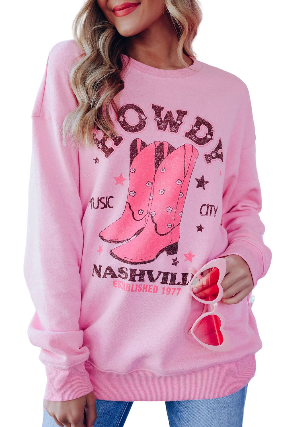 Pink HOWDY NASHVILLE Vintage Western Graphic Sweatshirt