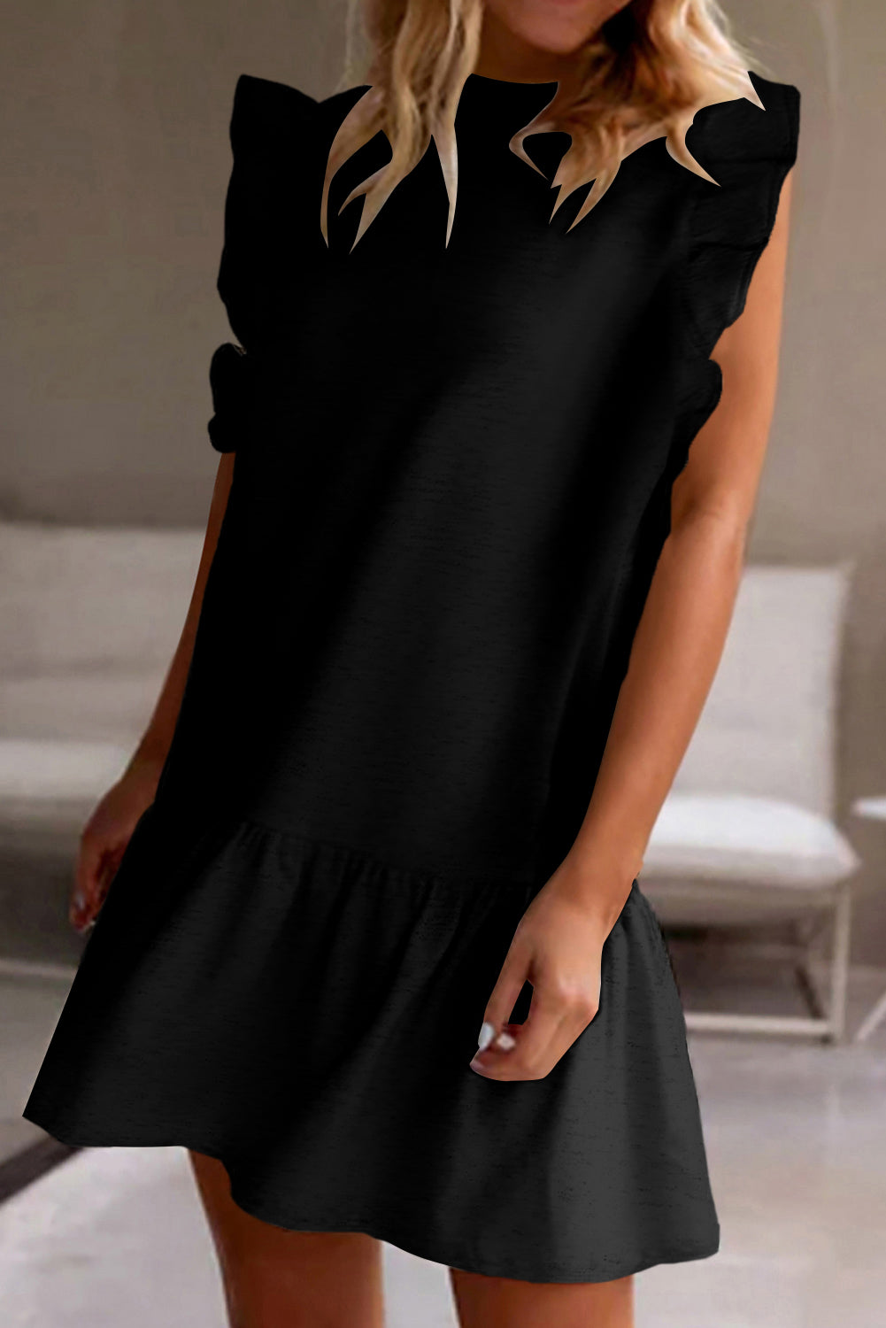 White Flutter Sleeve Crew Neck Shift Dress