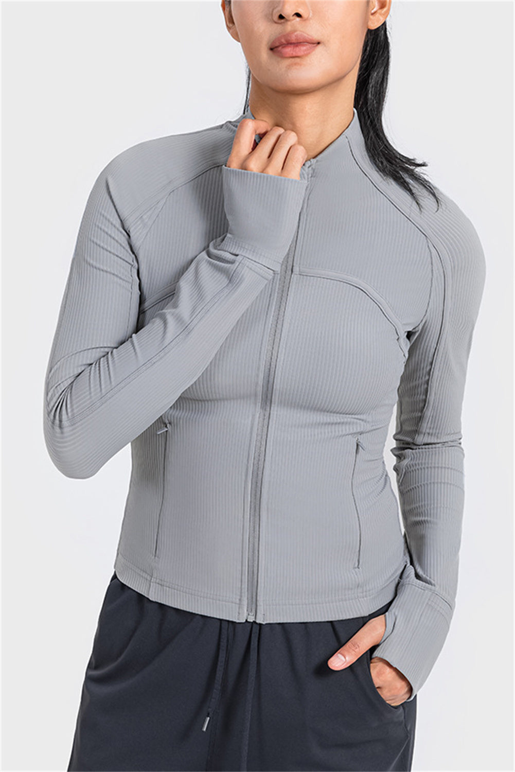 Pink Ribbed Stitching Thumbhole Sleeve Zip Up Active Top