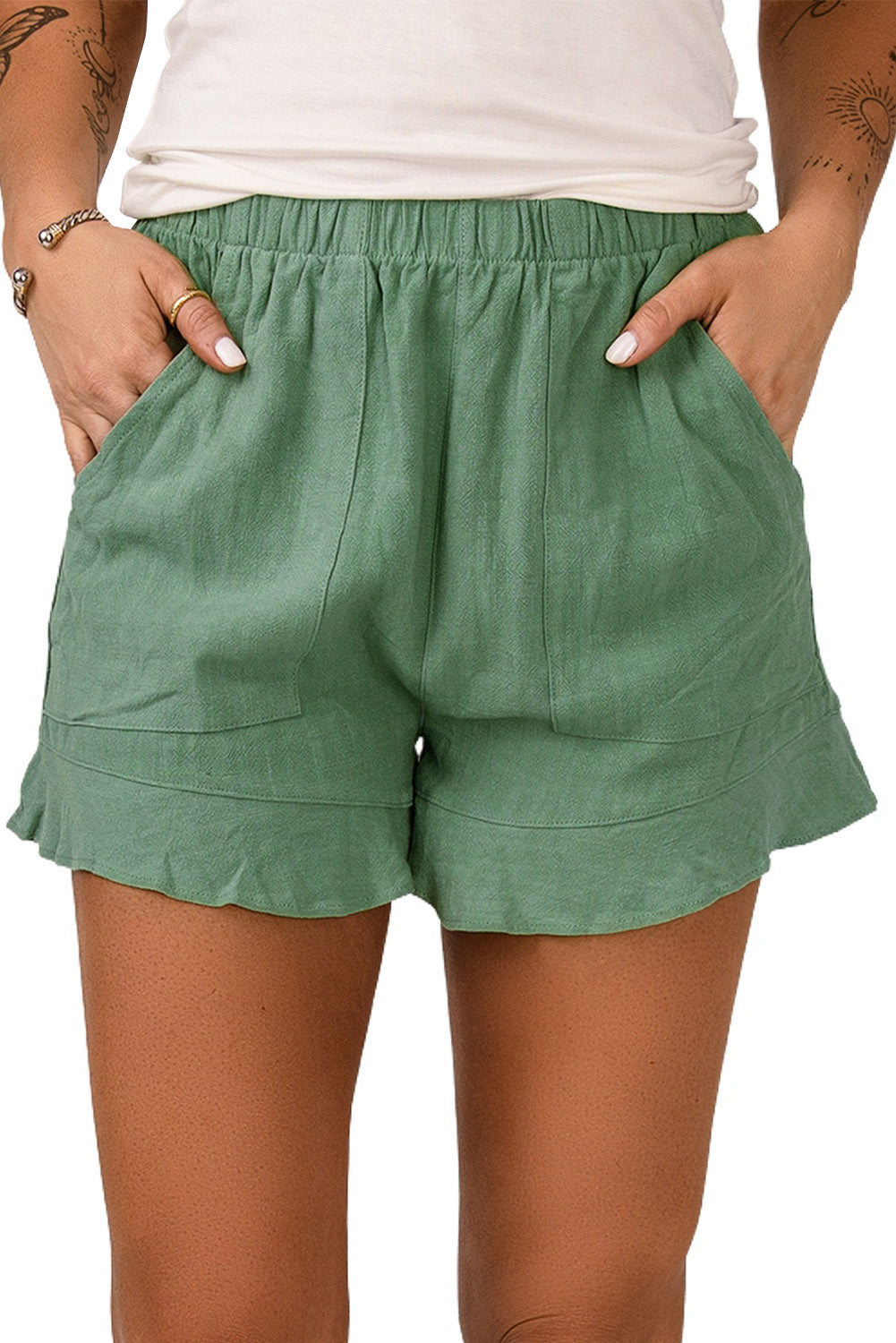 High Waist Pocketed Ruffle Shorts