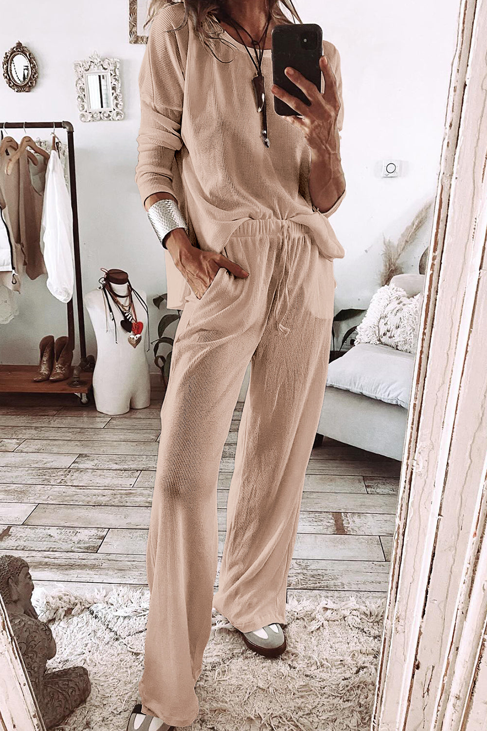 White Textured Long Sleeve T Shirt and Pants Lounge Set