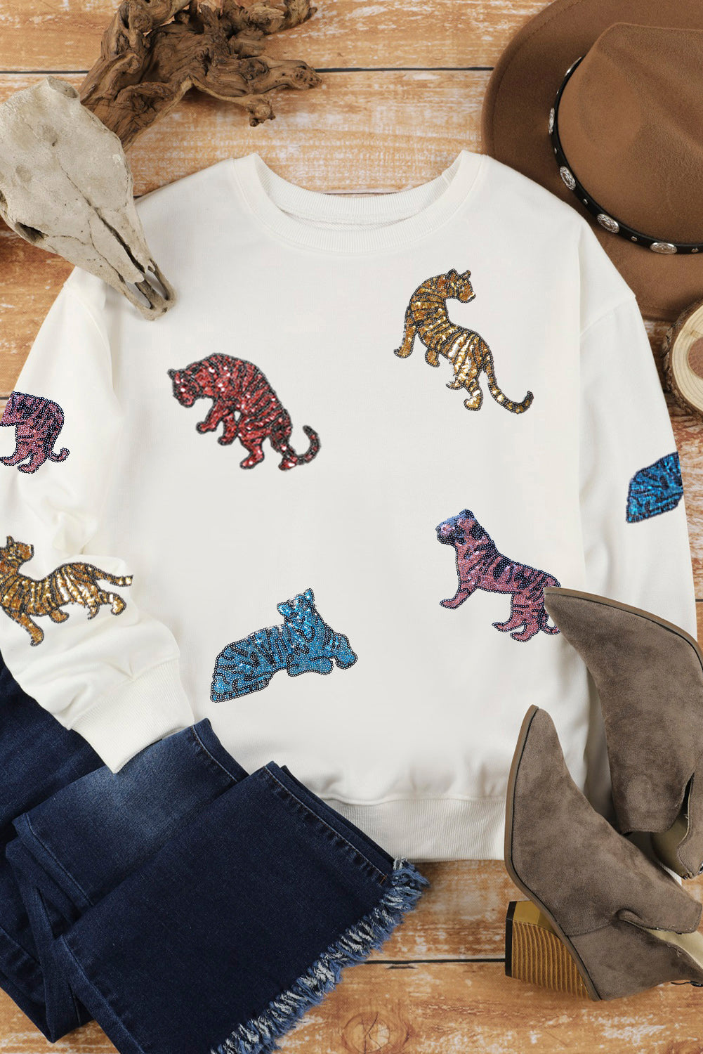 Beige Sequined Tigers Casual Sweatshirt