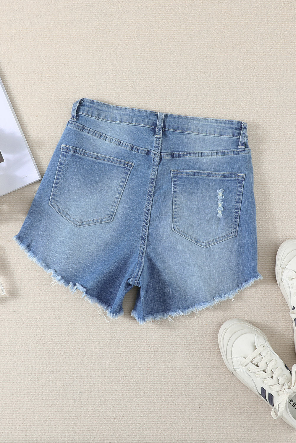 Dark Blue Frayed Hem Denim Shorts