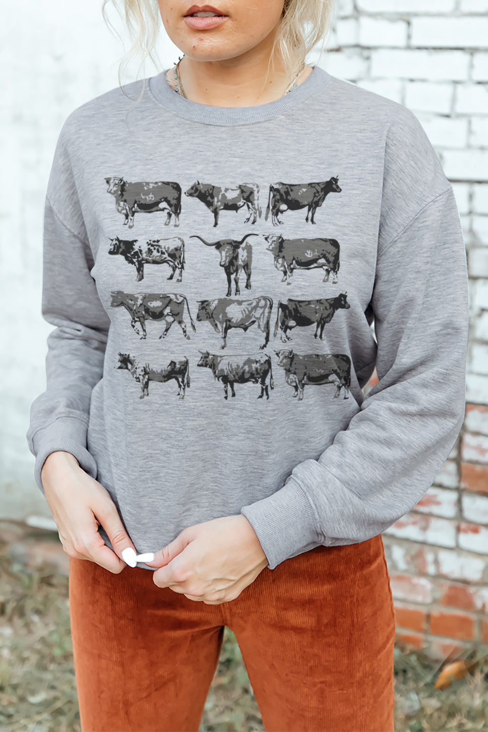 Gray Western Bull Graphic Print Long Sleeve Sweatshirt