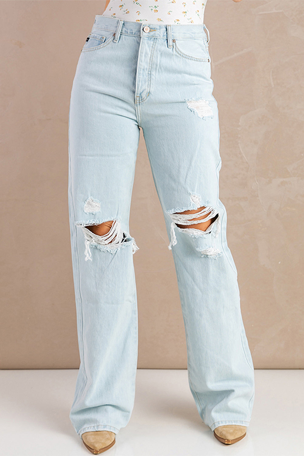 Sky Blue Washed Ripped Knee Wide Legs Jeans