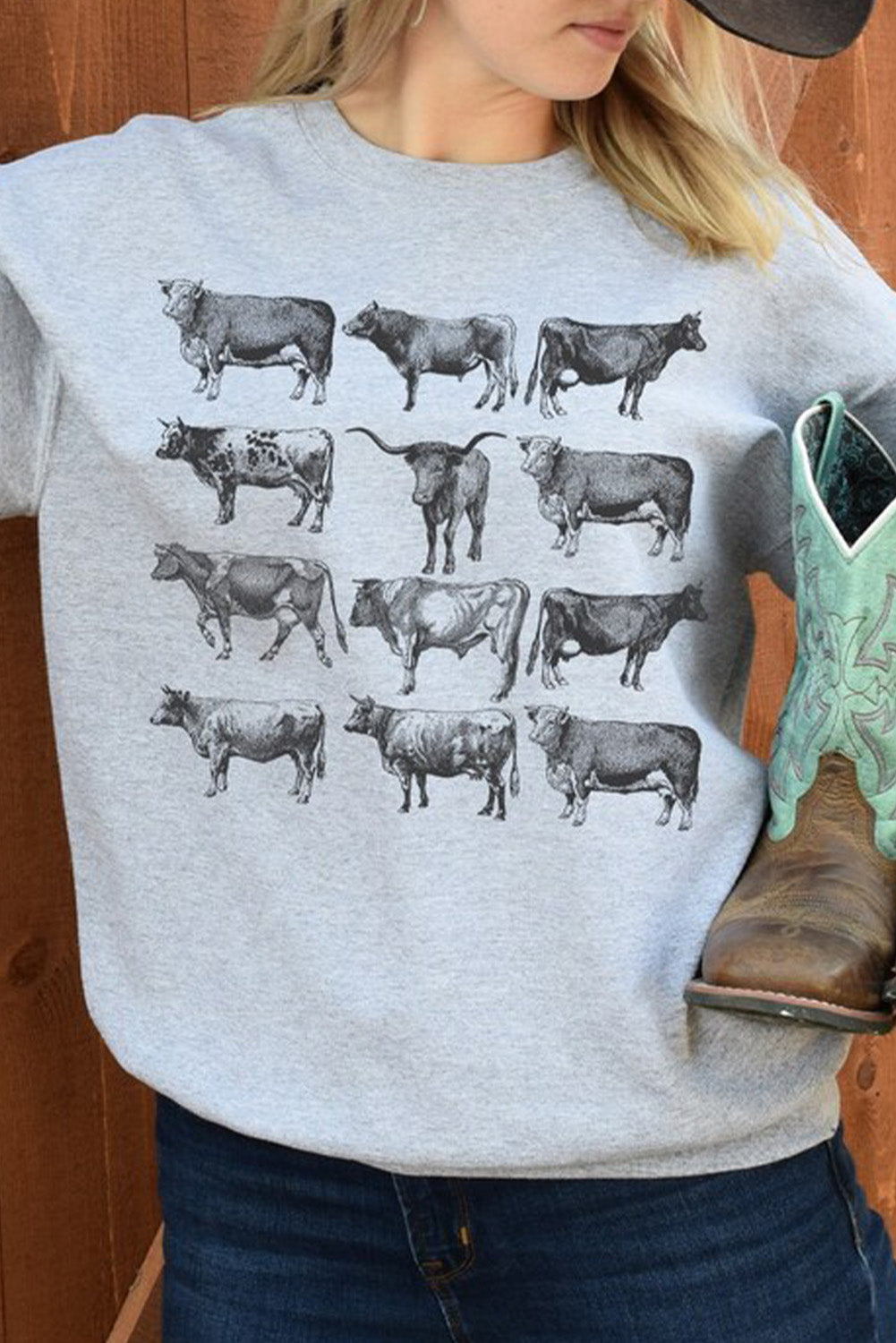 Gray Western Bull Graphic Print Long Sleeve Sweatshirt