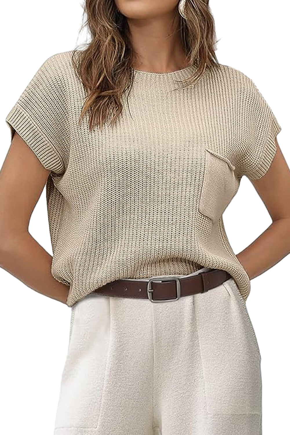 Pale Khaki Patch Pocket Short Sleeve Sweater