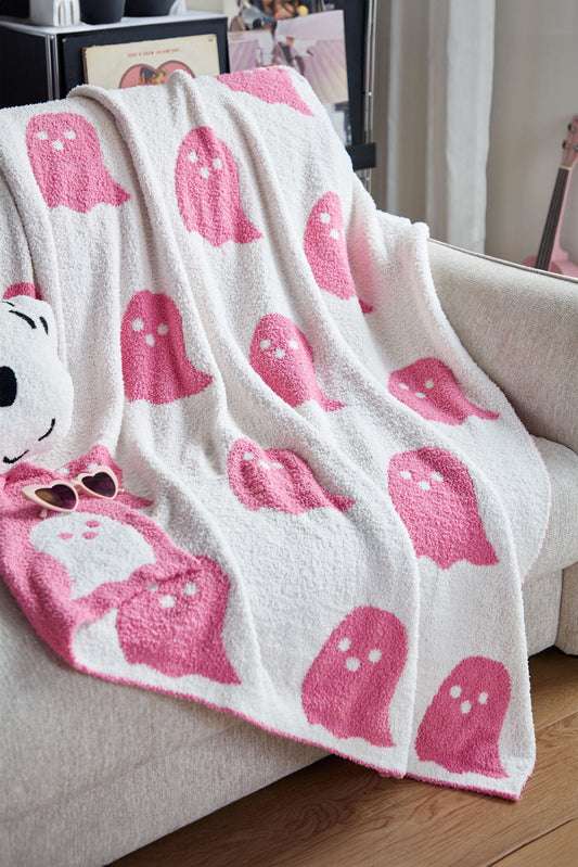 Bright Pink Two-Tone Colorblock Halloween Cute Ghost Printed Blanket