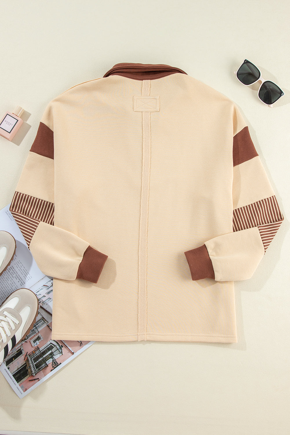 Sail Blue Striped Colorblock Patchwork Collar Sweatshirt