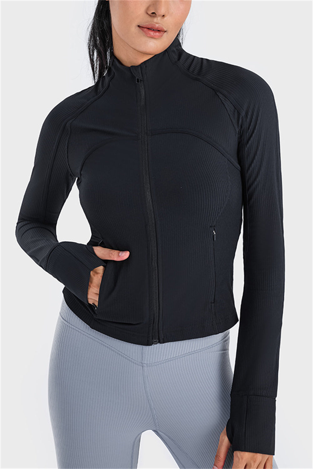 Pink Ribbed Stitching Thumbhole Sleeve Zip Up Active Top