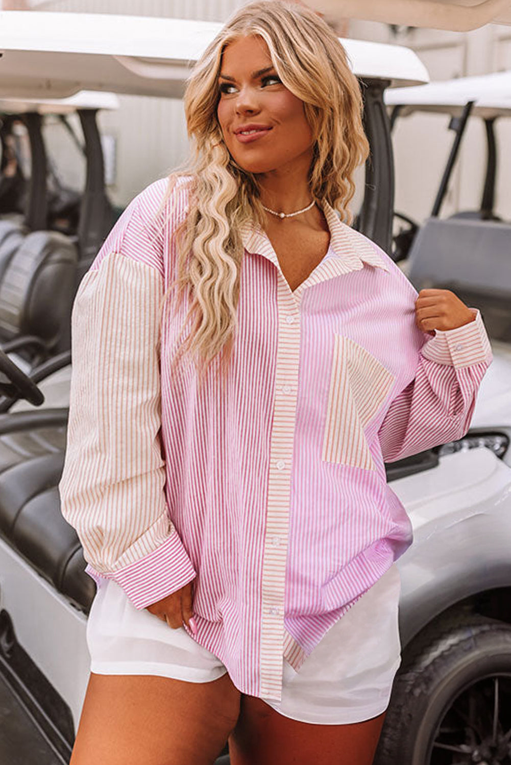 Pink Stripe Print Colorblock Plus Size Shirt