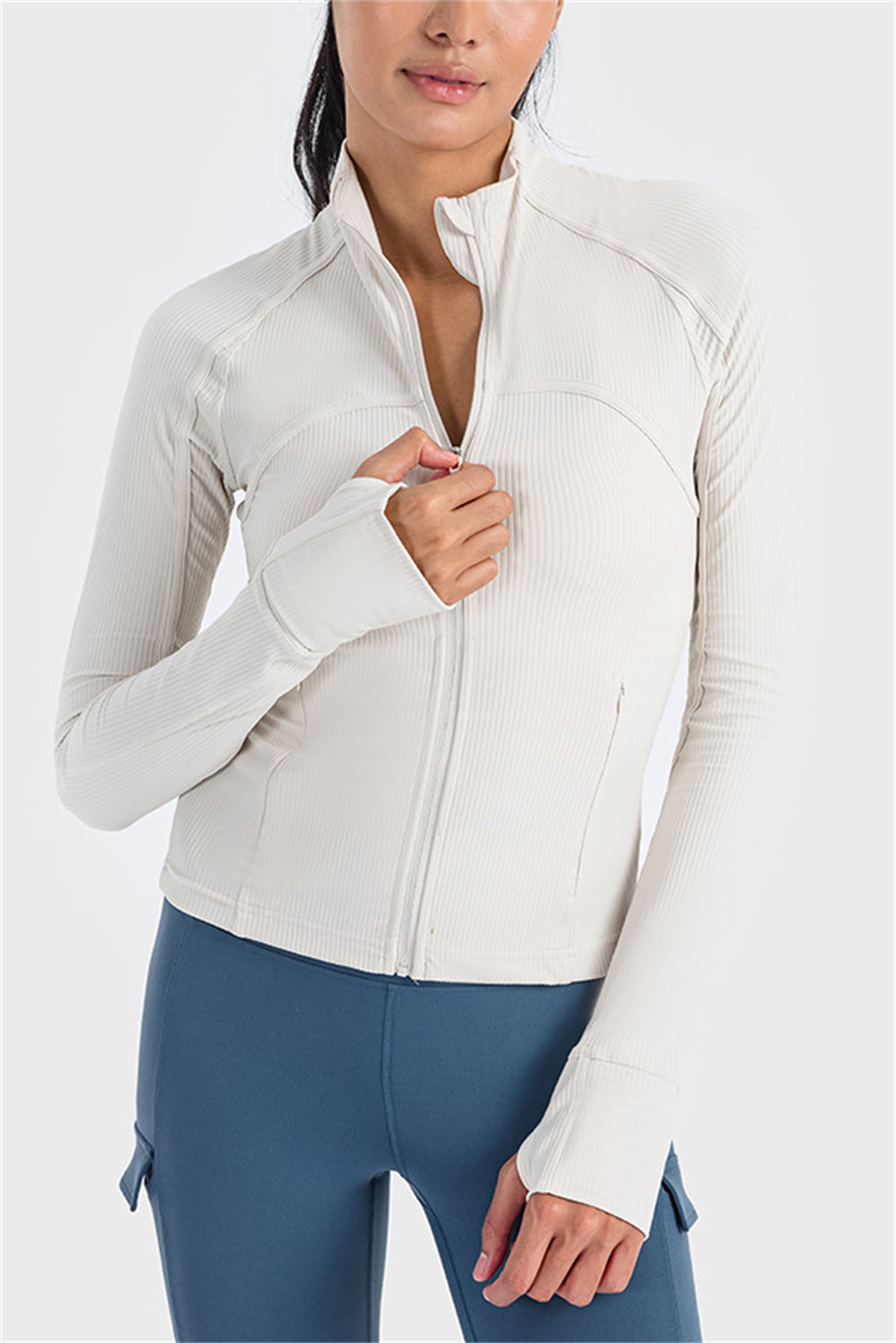 Pink Ribbed Stitching Thumbhole Sleeve Zip Up Active Top