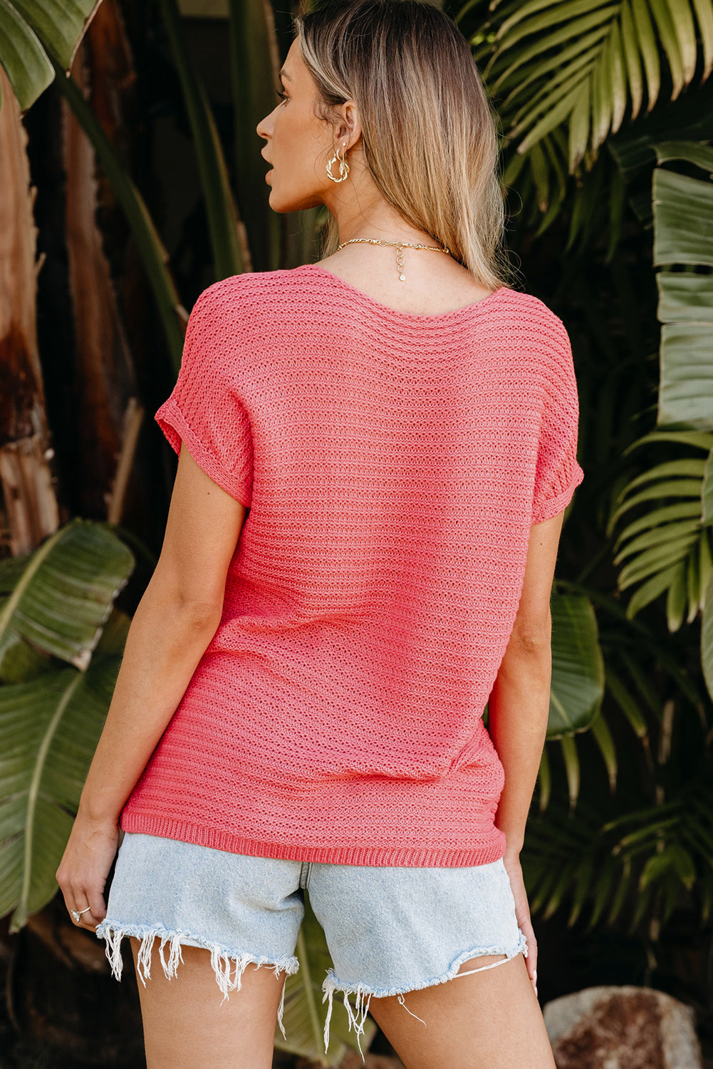 Pink Solid Loose Knit Short Dolman Sleeve Sweater