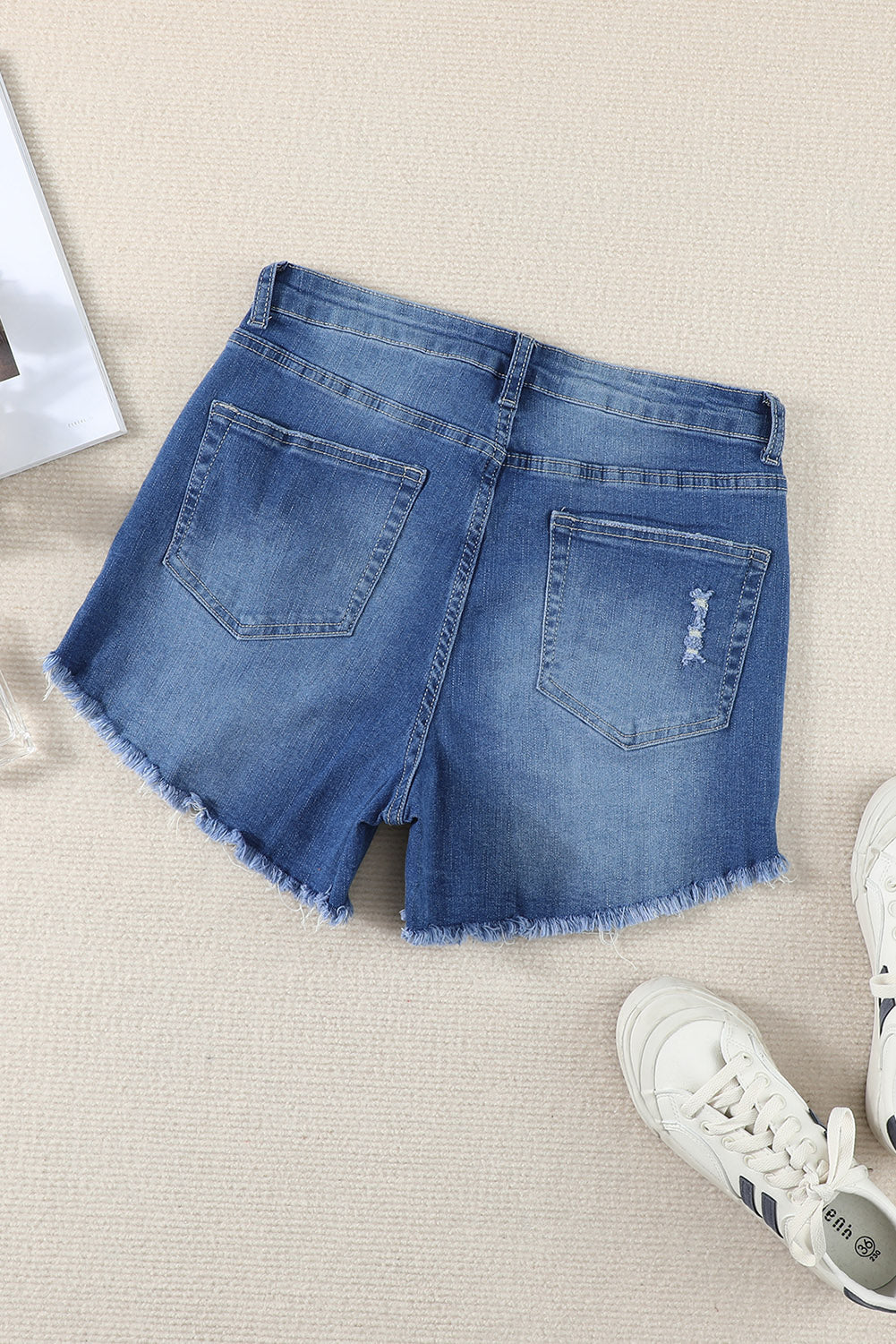 Dark Blue Frayed Hem Denim Shorts