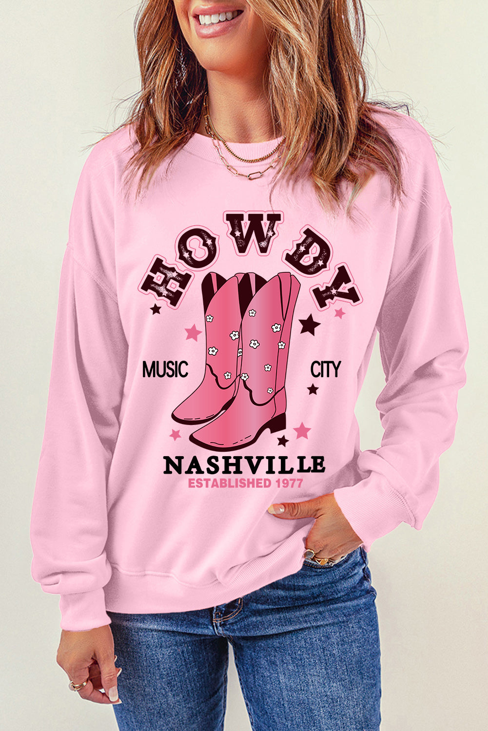 Pink HOWDY NASHVILLE Vintage Western Graphic Sweatshirt