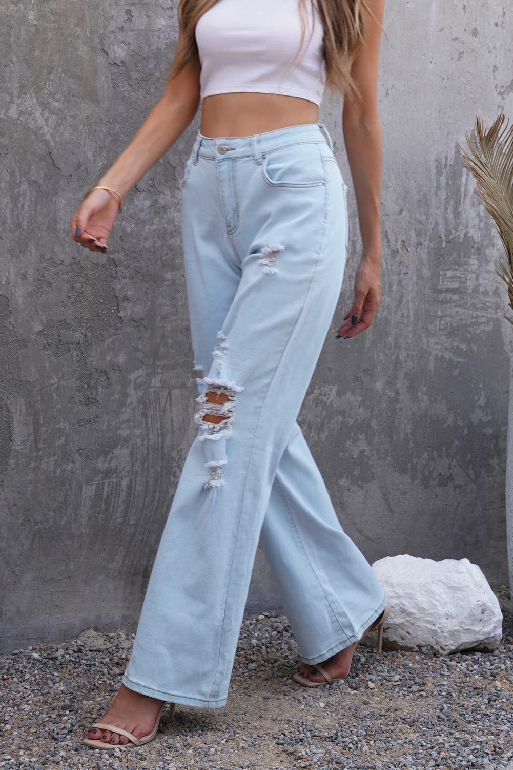 Sky Blue Washed Ripped Knee Wide Legs Jeans