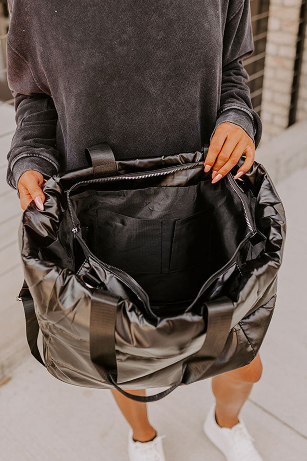 Silvery Solid Zipper Puffer Large Tote Bag