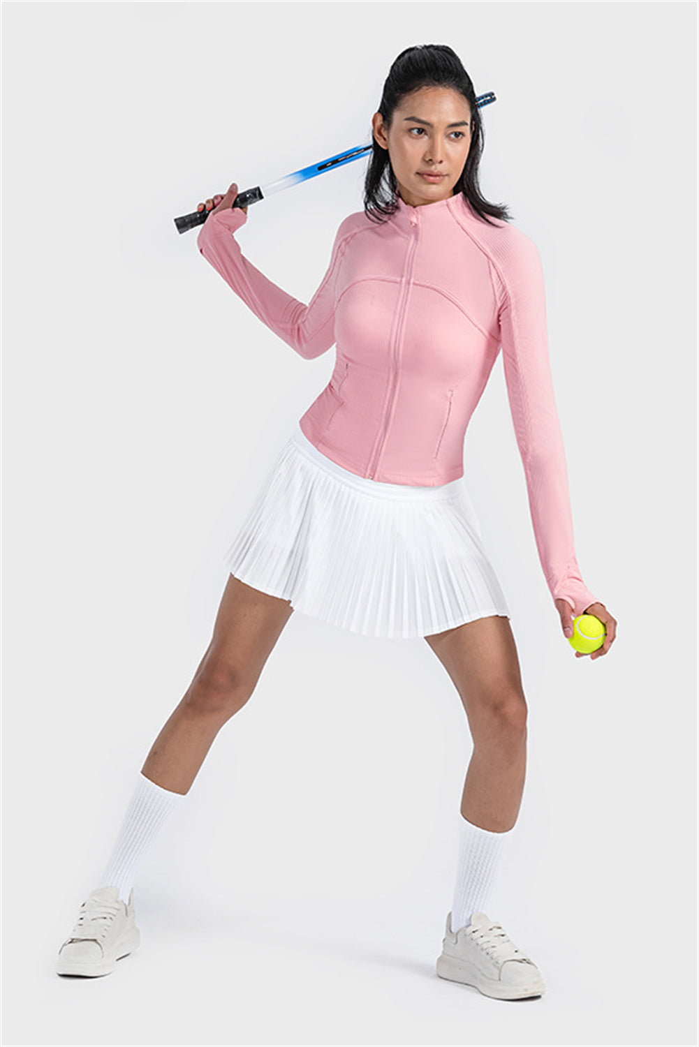 Pink Ribbed Stitching Thumbhole Sleeve Zip Up Active Top