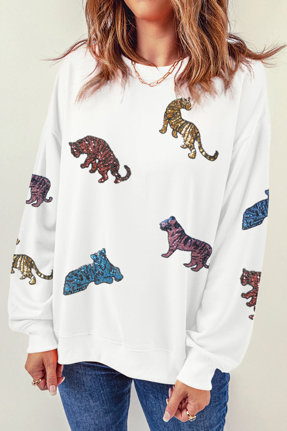 Beige Sequined Tigers Casual Sweatshirt