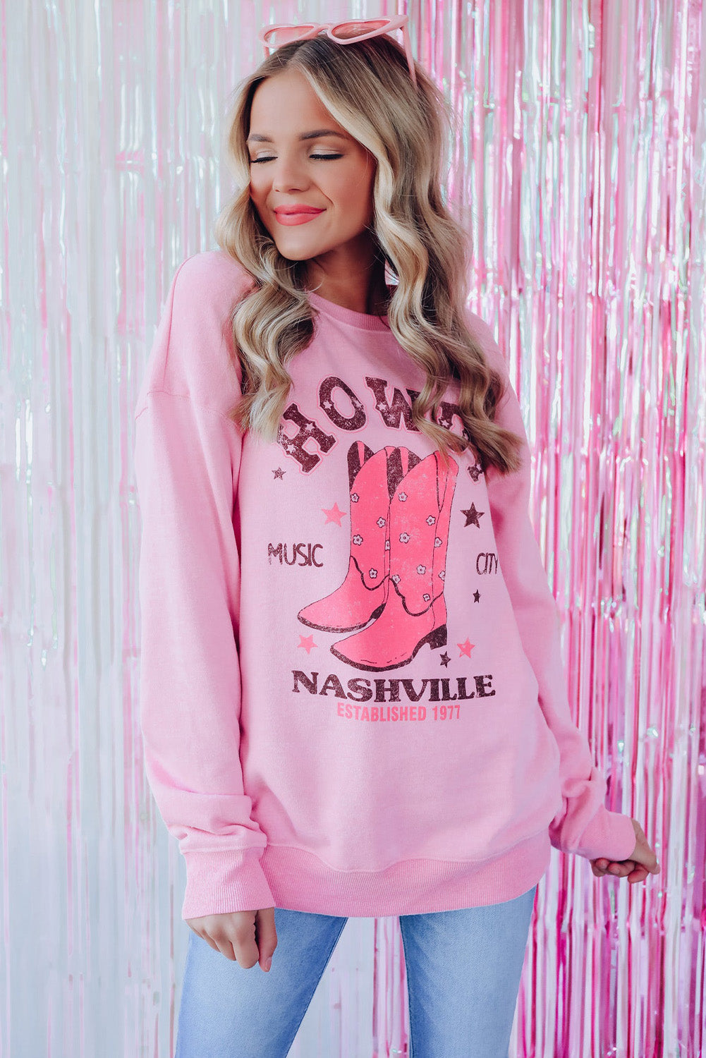 Pink HOWDY NASHVILLE Vintage Western Graphic Sweatshirt