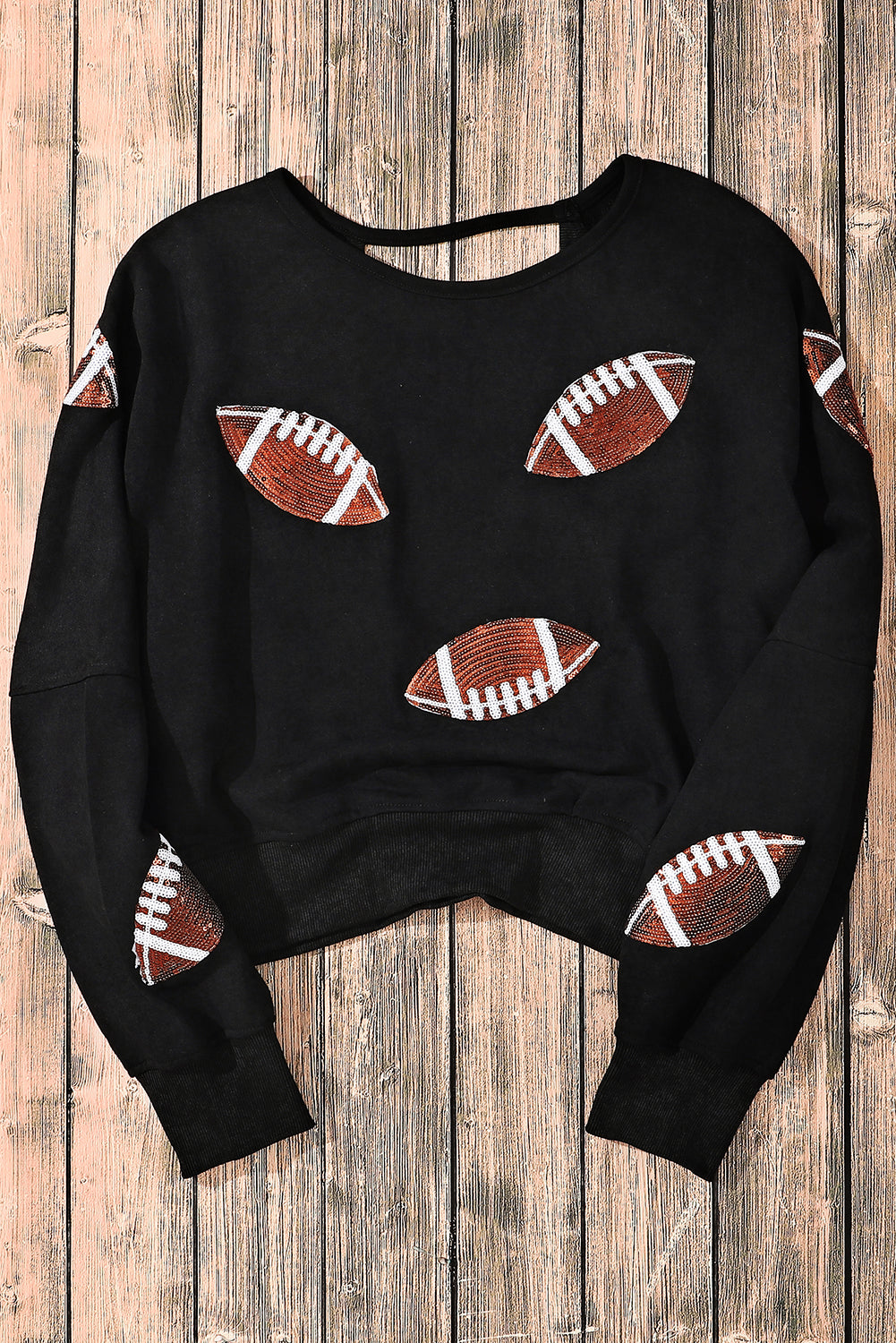 Black Sequined Rugby Football Graphic Open Back Sweatshirt