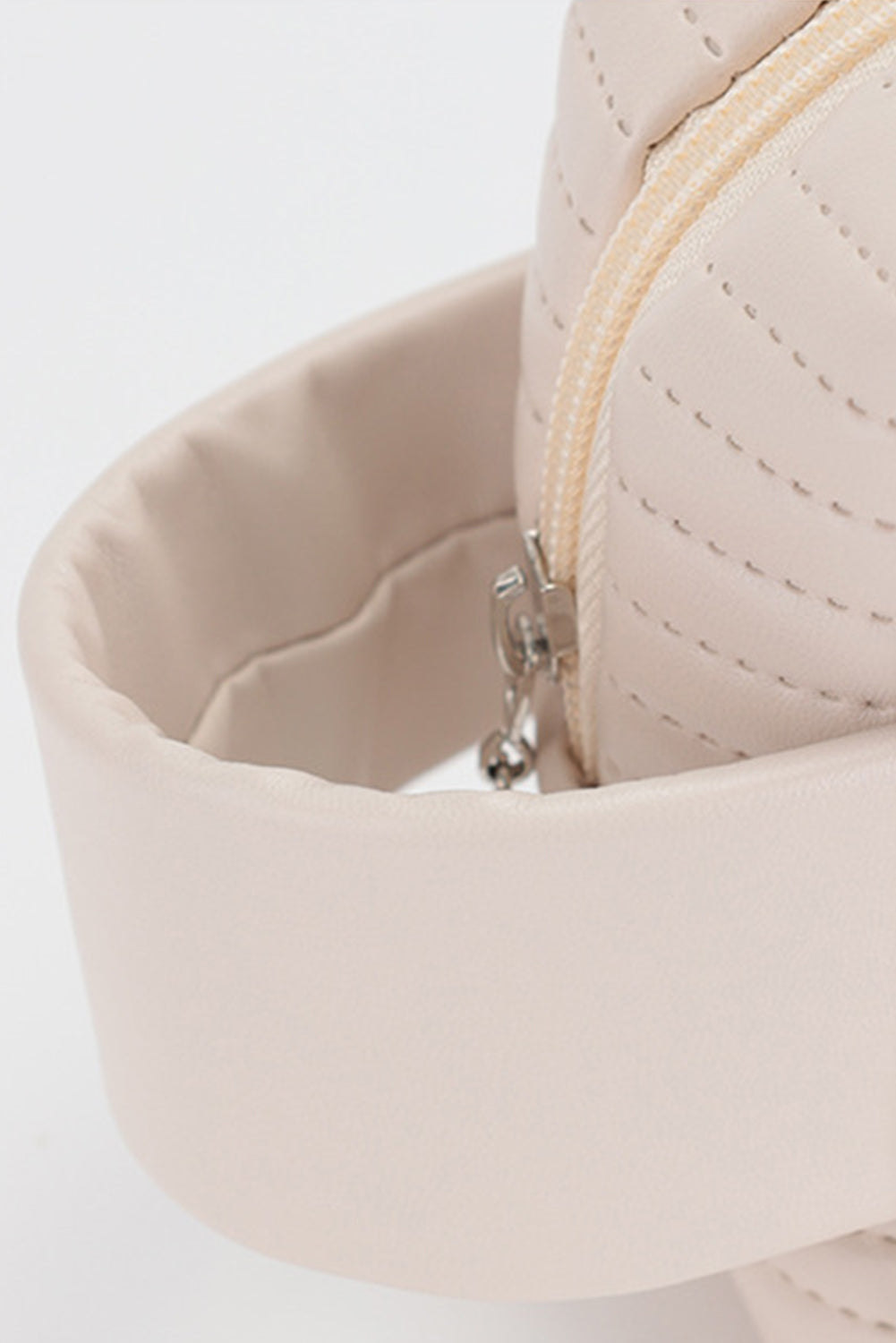 Beige Stitching PU Leather Round Zipped Side Handle Makeup Bag